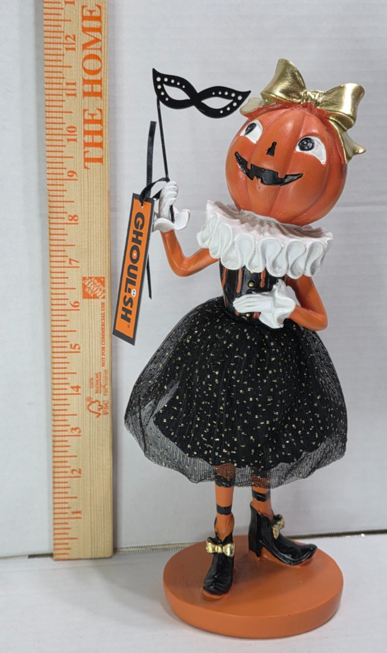 Bethany Lowe Inspired Lady Pumpkin Figurine Mask Skirt Gold Bow 12” Tall